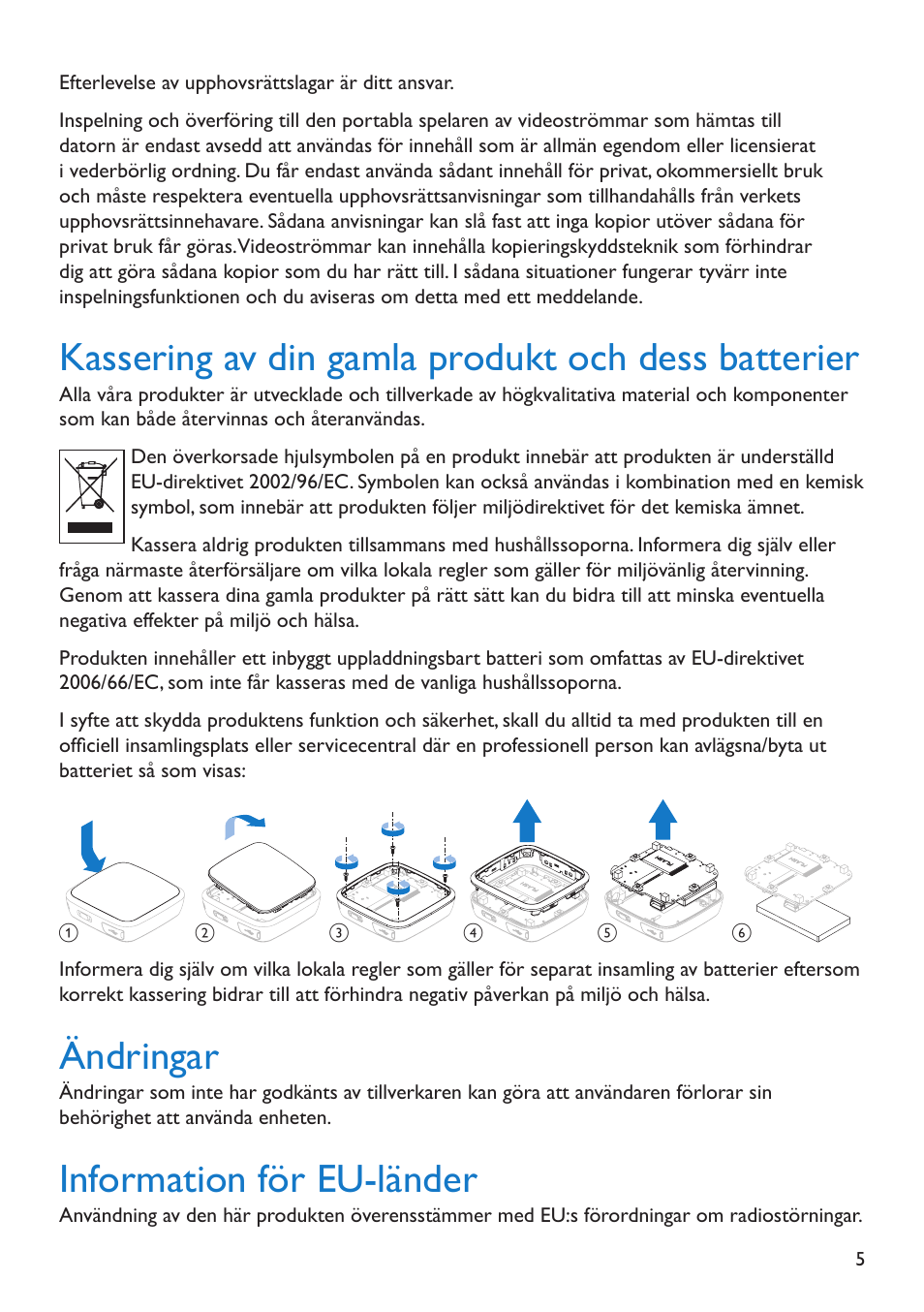 Kassering av din gamla produkt och dess batterier, Ändringar, Information för eu-länder | Philips GO GEAR SA2925 User Manual | Page 7 / 32