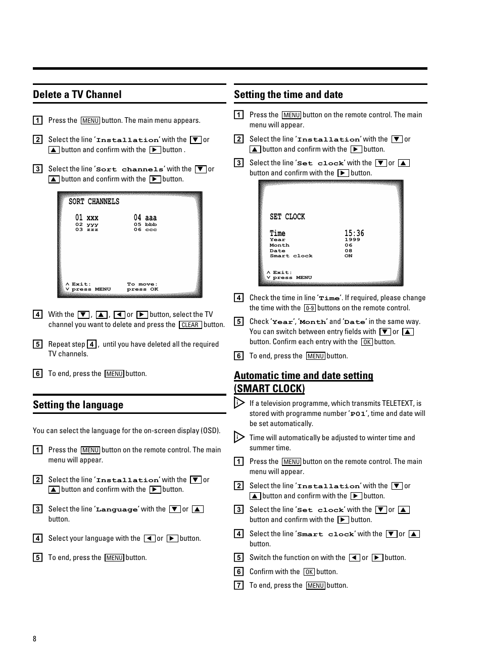 Delete a tv channel, Setting the language, Setting the time and date | Automatic time and date setting (smart clock) | Philips 21PV320/05 User Manual | Page 10 / 24