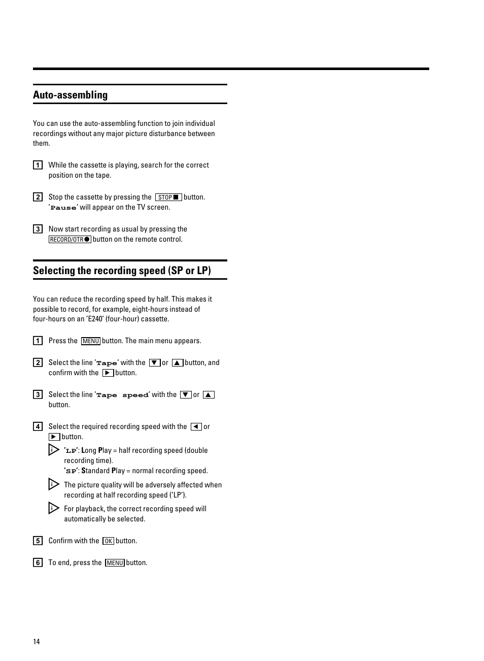 Auto-assembling, Selecting the recording speed (sp or lp) | Philips 21PV320/05 User Manual | Page 16 / 24