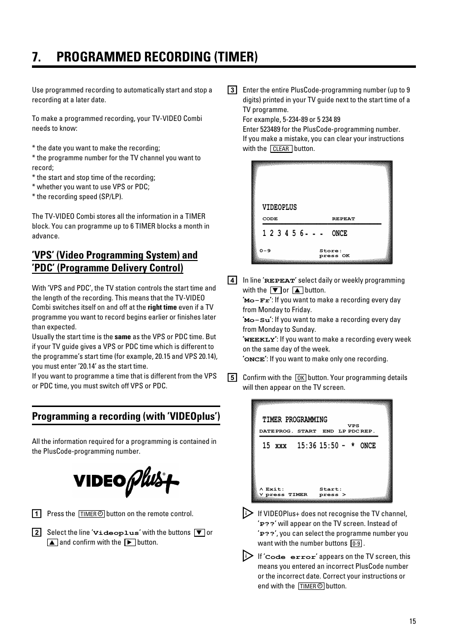 Programmed recording (timer), Programming a recording (with ’videoplus’) | Philips 21PV320/05 User Manual | Page 17 / 24