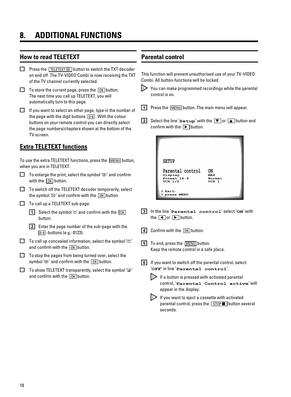 Additional functions, How to read teletext, Extra teletext functions | Parental control | Philips 21PV320/05 User Manual | Page 20 / 24