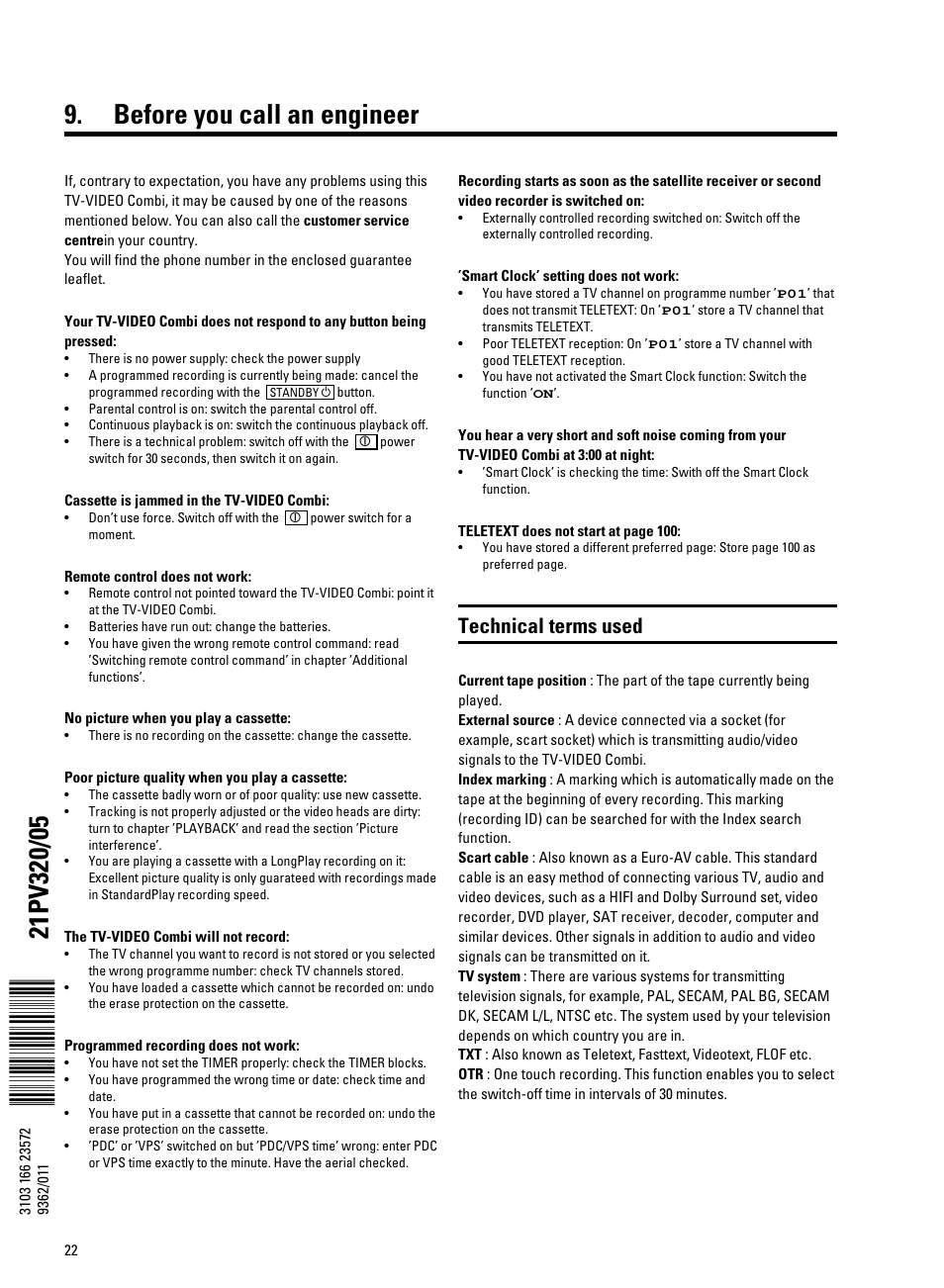 Before you call an engineer, Technical terms used | Philips 21PV320/05 User Manual | Page 24 / 24