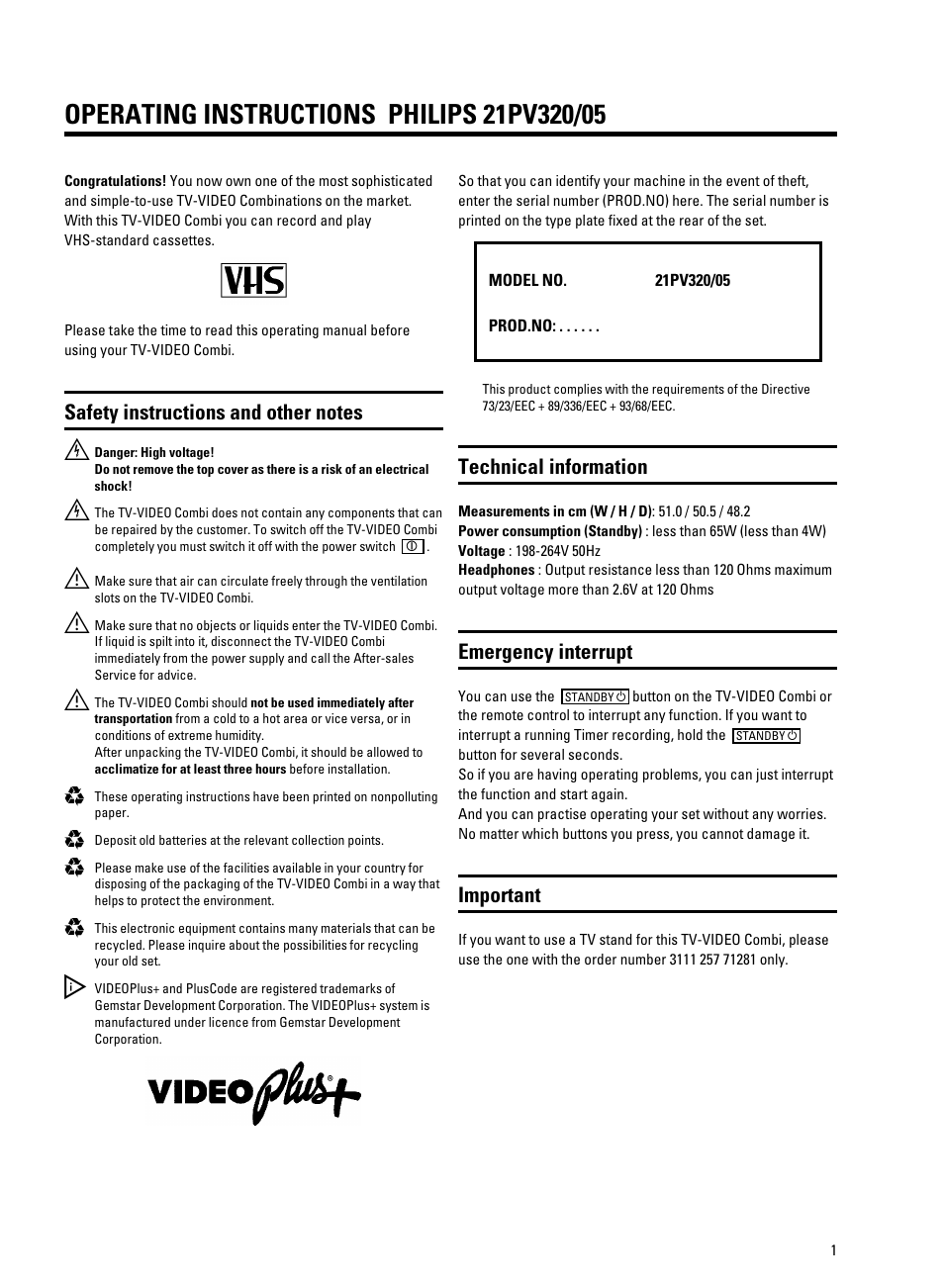 Technical information, Emergency interrupt, Important | Philips 21PV320/05 User Manual | Page 4 / 24