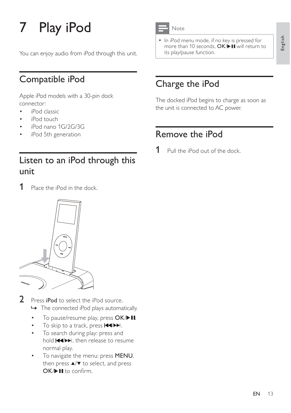 7 play ipod, Charge the ipod, Remove the ipod 1 | Compatible ipod, Listen to an ipod through this unit 1 | Philips DCM105 User Manual | Page 12 / 18