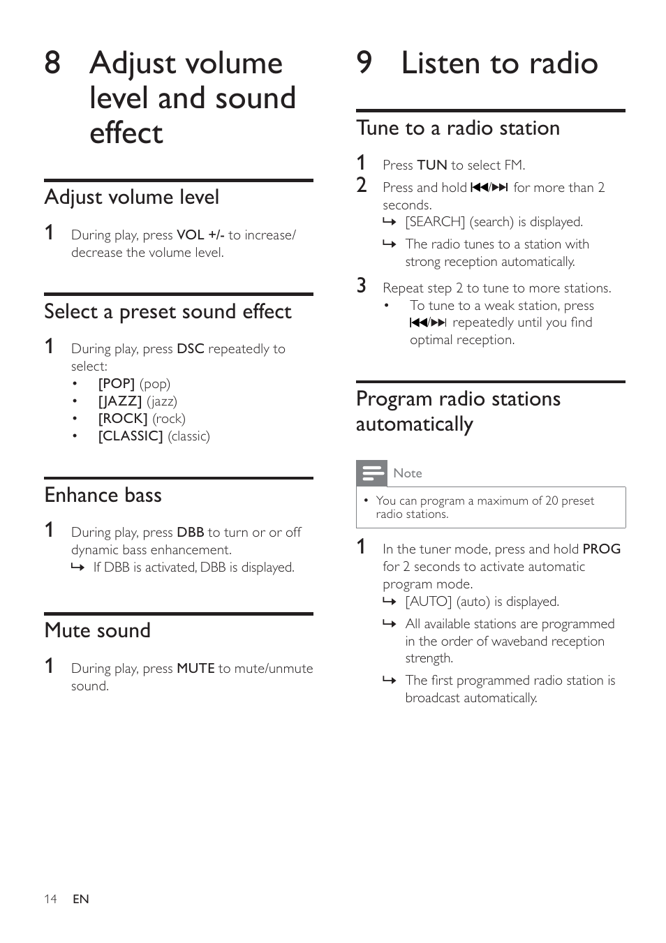 9 listen to radio, 8 adjust volume level and sound effect, Tune to a radio station 1 | Program radio stations automatically, Adjust volume level 1, Select a preset sound effect 1, Enhance bass 1, Mute sound 1 | Philips DCM105 User Manual | Page 13 / 18