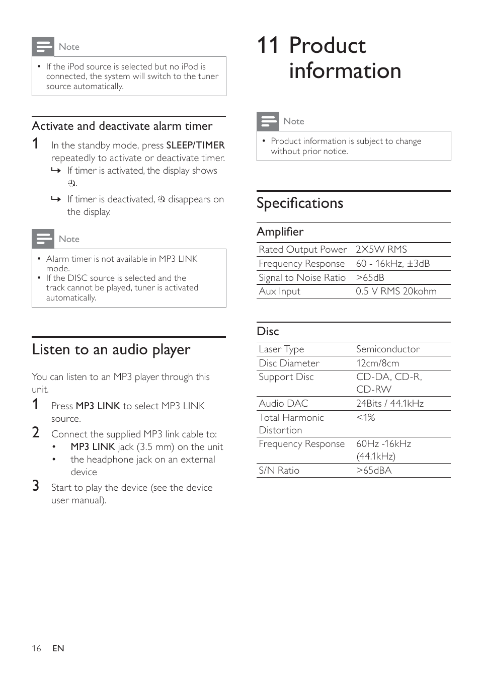 11 product information, 6shflàfdwlrqv, Listen to an audio player | Philips DCM105 User Manual | Page 15 / 18