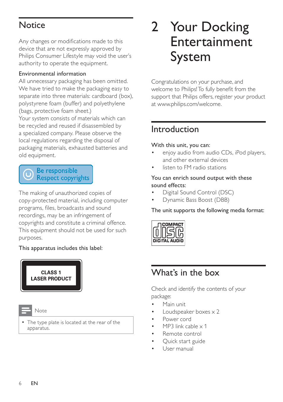 2 your docking entertainment system, Introduction, What’s in the box | Notice | Philips DCM105 User Manual | Page 5 / 18