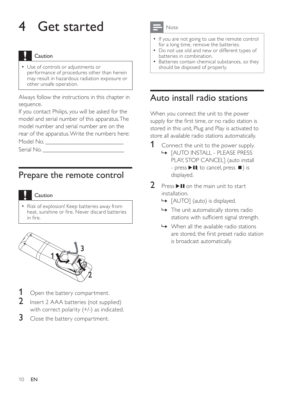 4 get started, Auto install radio stations, Prepare the remote control | Philips DCM105 User Manual | Page 9 / 18