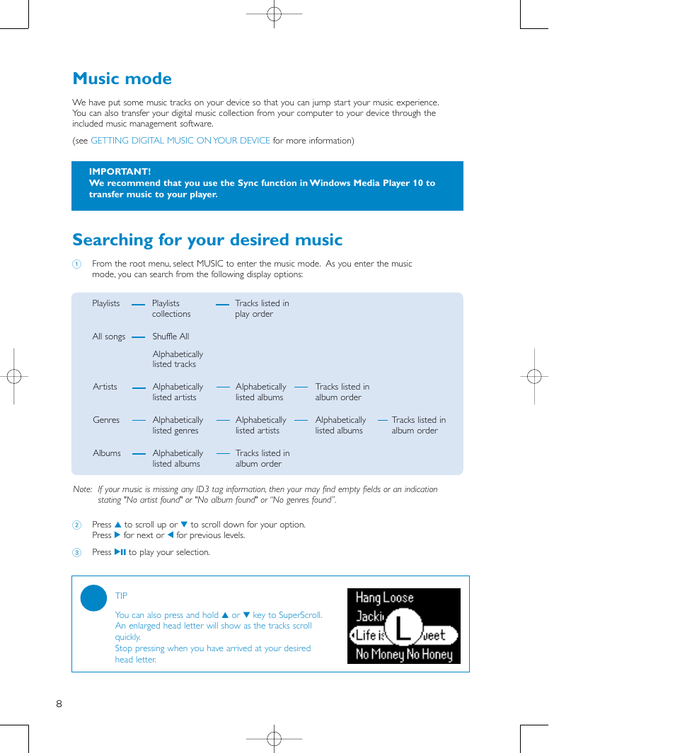 Music mode, Searching for your desired music | Philips audio players User Manual | Page 11 / 36