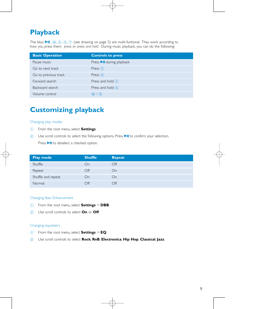 Playback, Customizing playback | Philips audio players User Manual | Page 12 / 36