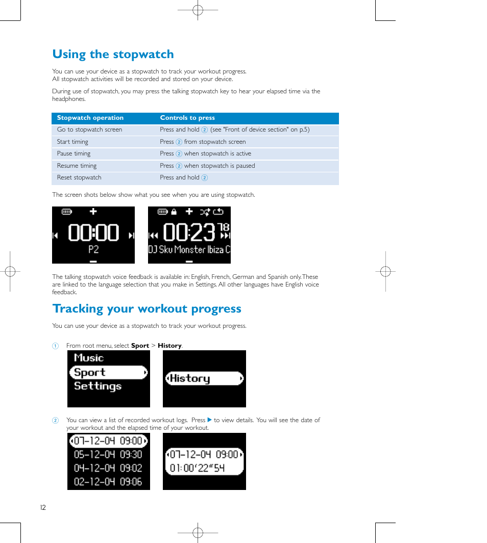 Using the stopwatch, Tracking your workout progress | Philips audio players User Manual | Page 15 / 36