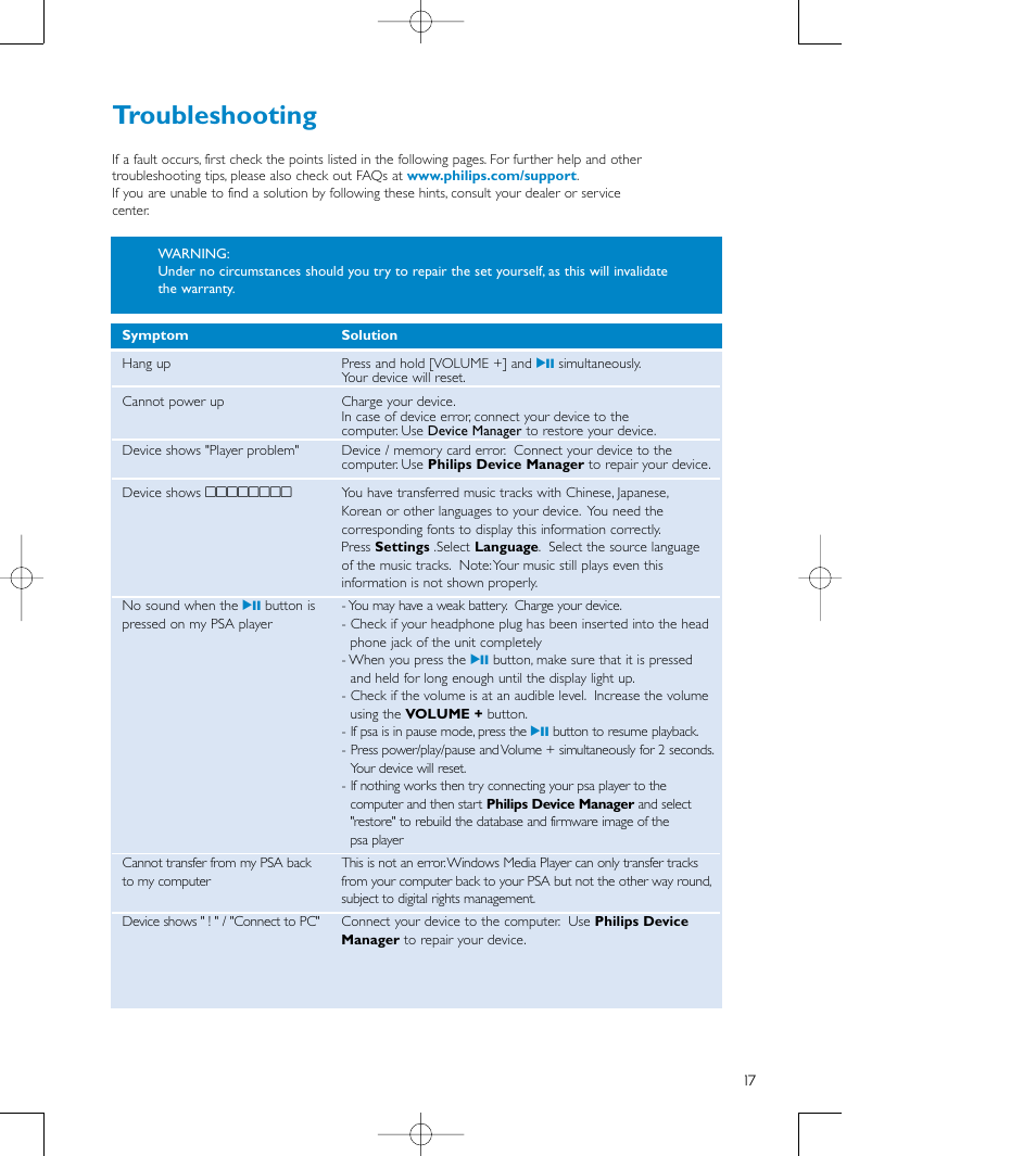 Troubleshooting | Philips audio players User Manual | Page 20 / 36