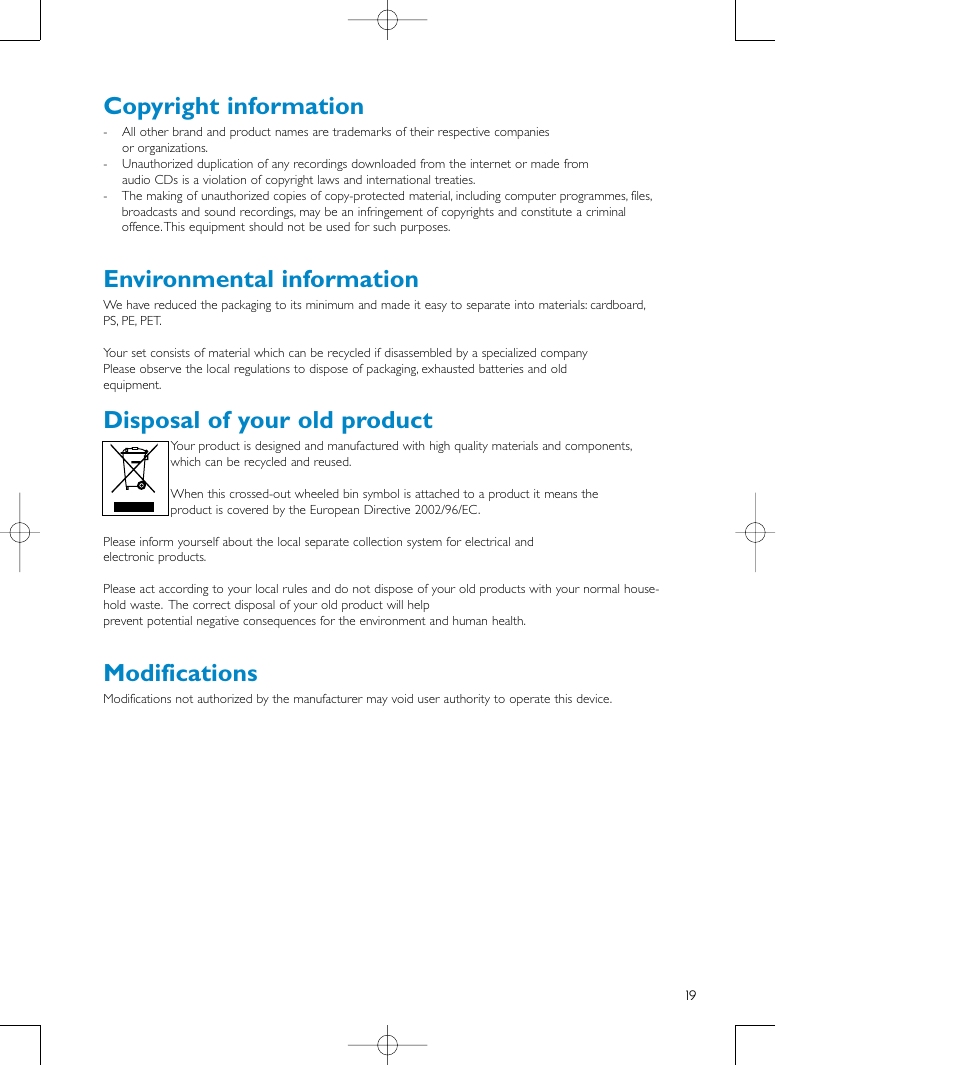 Copyright information, Environmental information, Disposal of your old product | Modifications | Philips audio players User Manual | Page 22 / 36