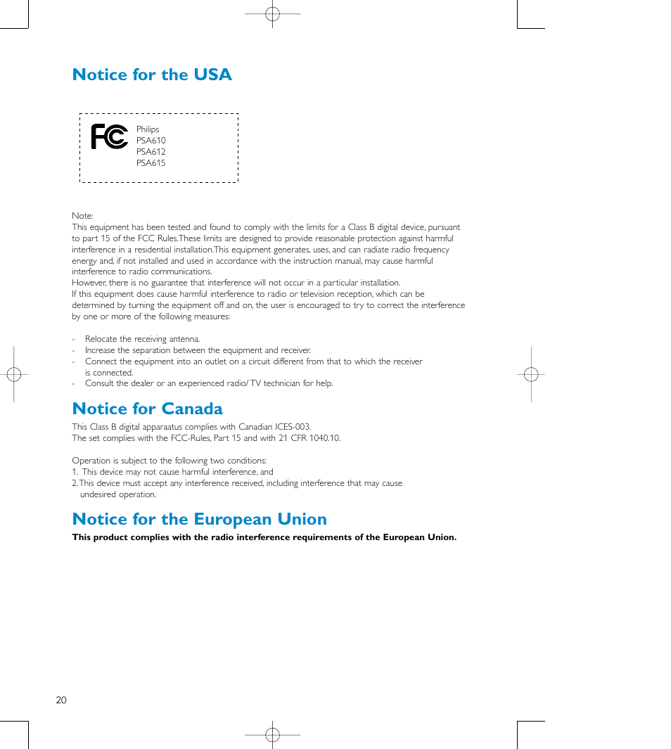 Notice for the usa, Notice for canada, Notice for the european union | Philips audio players User Manual | Page 23 / 36