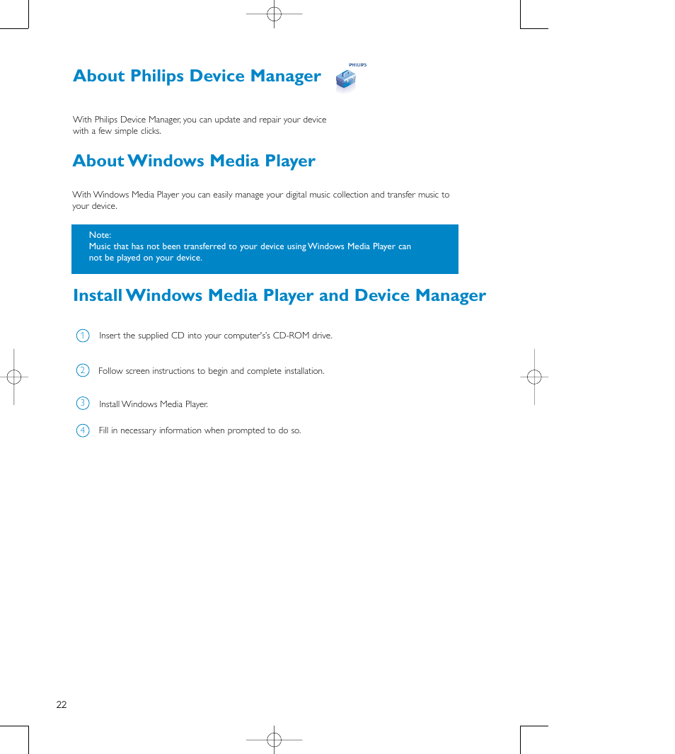 About windows media player, Install windows media player and device manager, About philips device manager | Philips audio players User Manual | Page 25 / 36