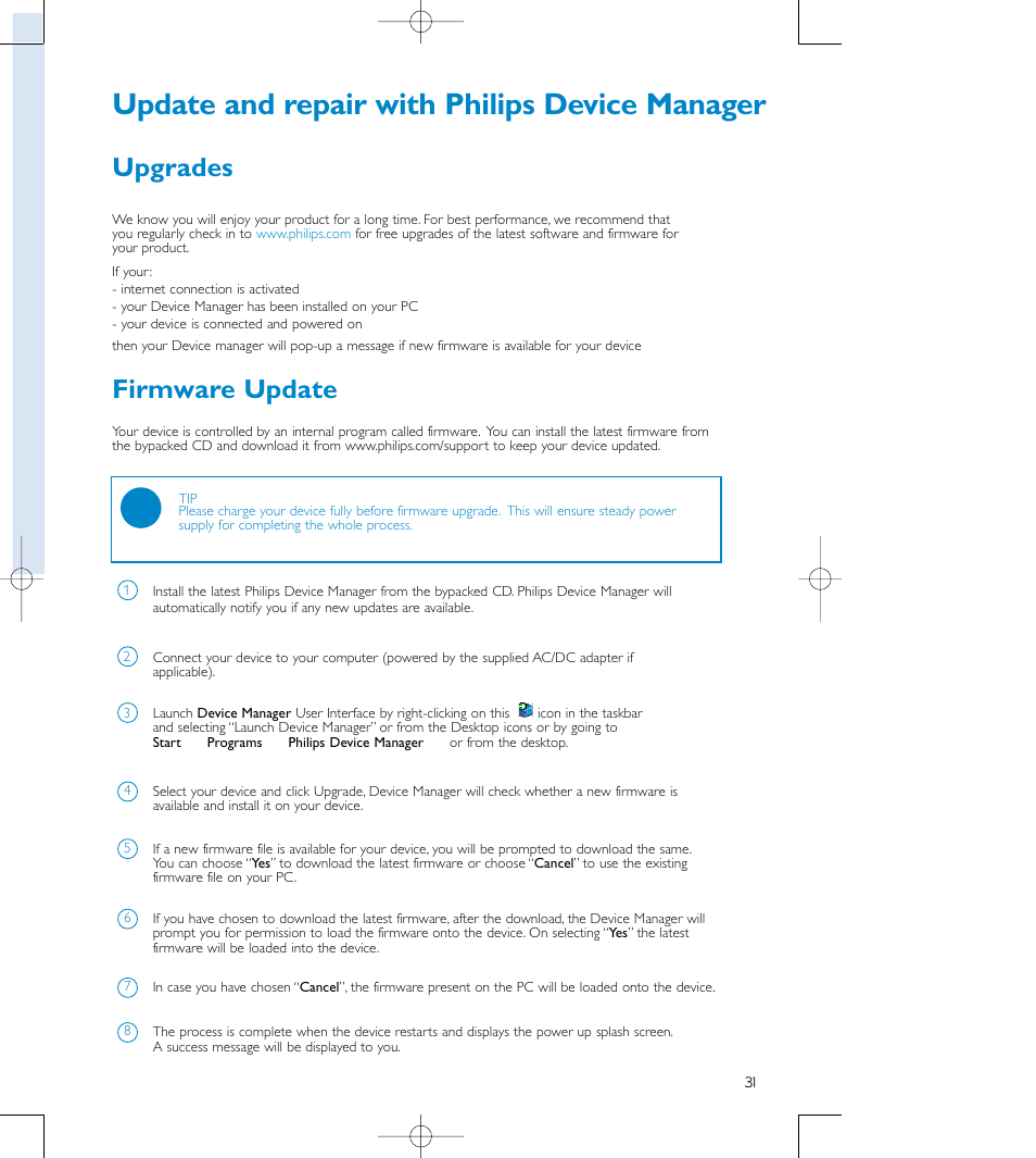 Update and repair with philips device manager, Upgrades, Firmware update | Philips audio players User Manual | Page 34 / 36