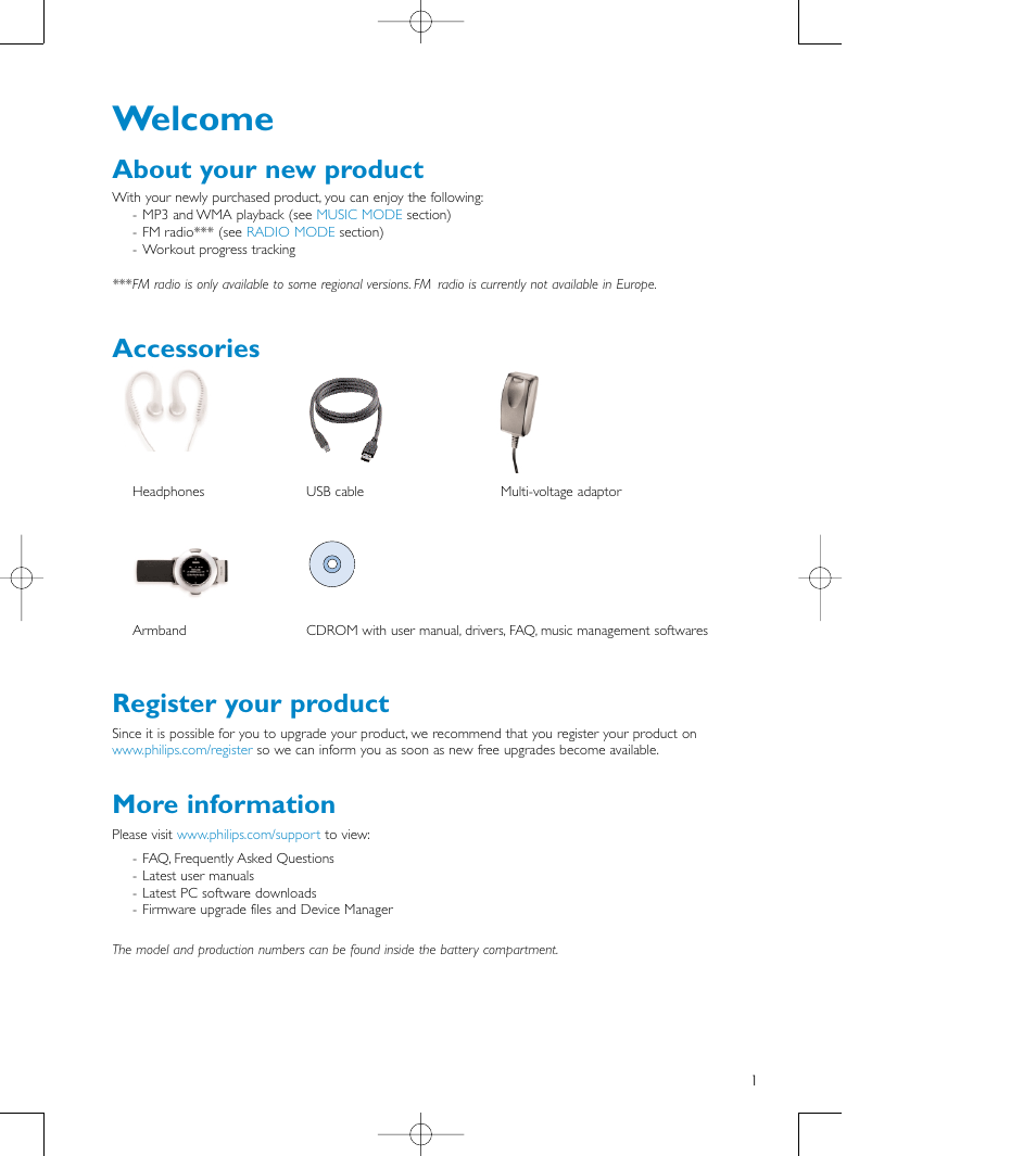 Welcome, About your new product, Accessories | Register your product, More information | Philips audio players User Manual | Page 4 / 36