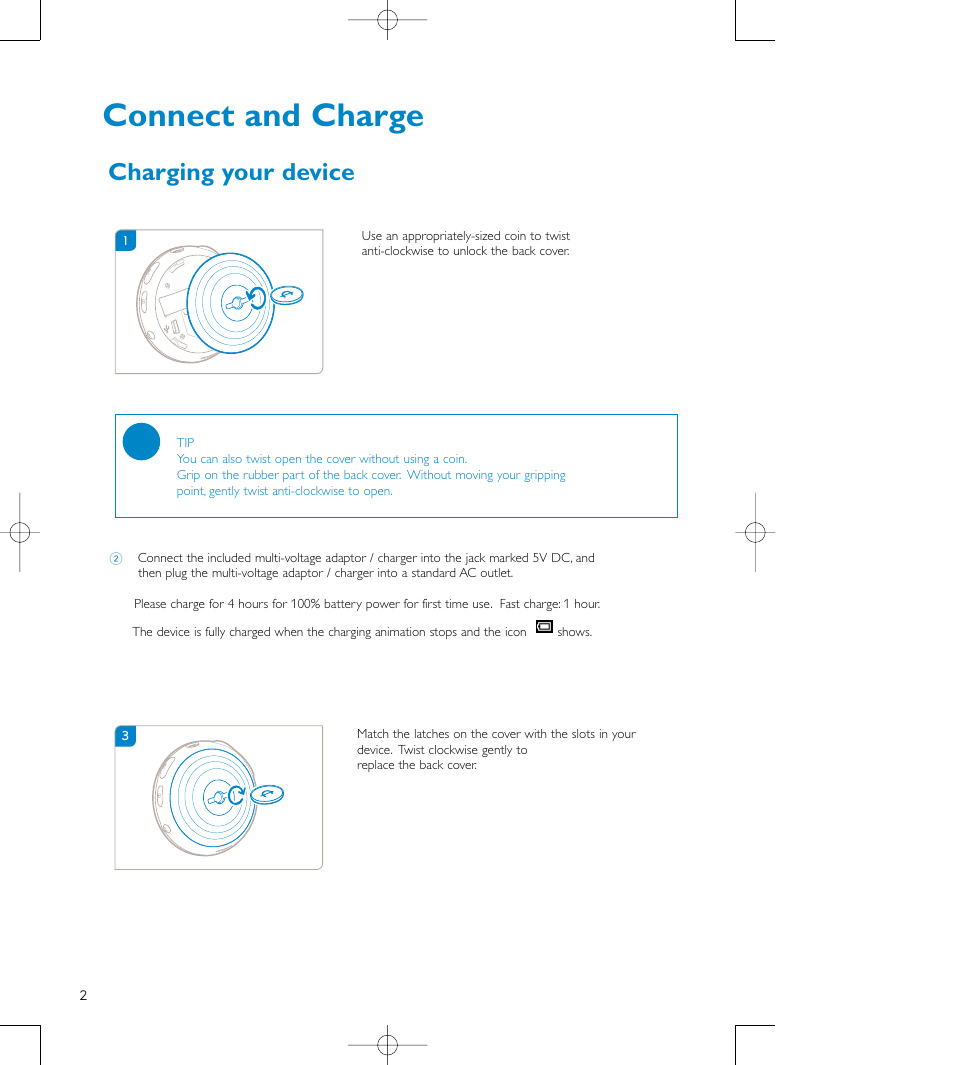 Connect and charge, Charging your device | Philips audio players User Manual | Page 5 / 36