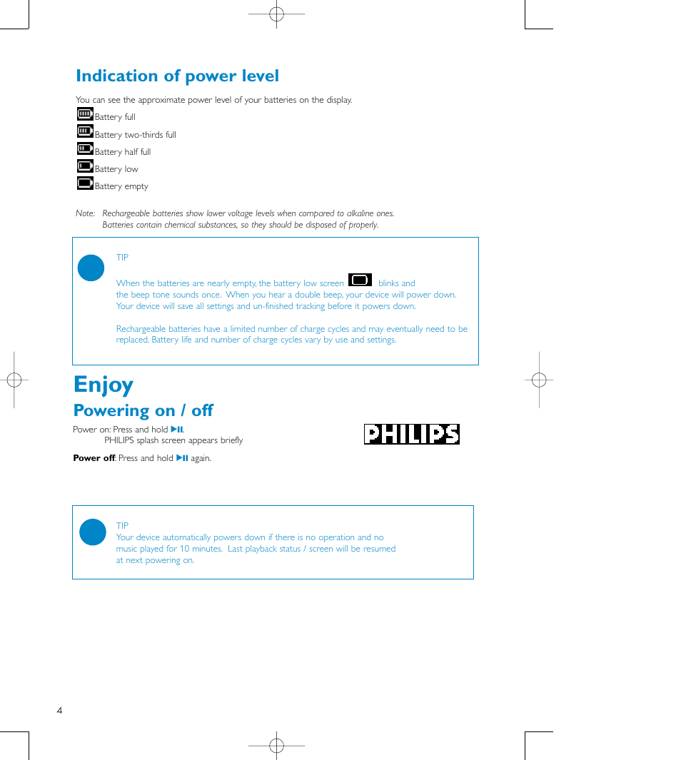Enjoy, Powering on / off, Indication of power level | Philips audio players User Manual | Page 7 / 36
