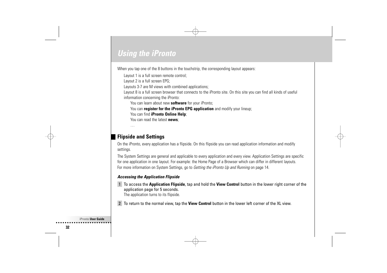 Using the ipronto, Flipside and settings | Philips Wireless Equipment Box User Manual | Page 32 / 60