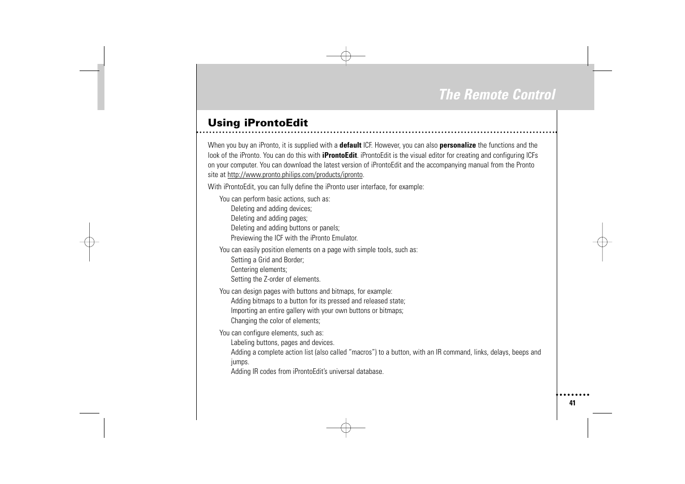 The remote control, Using iprontoedit | Philips Wireless Equipment Box User Manual | Page 41 / 60
