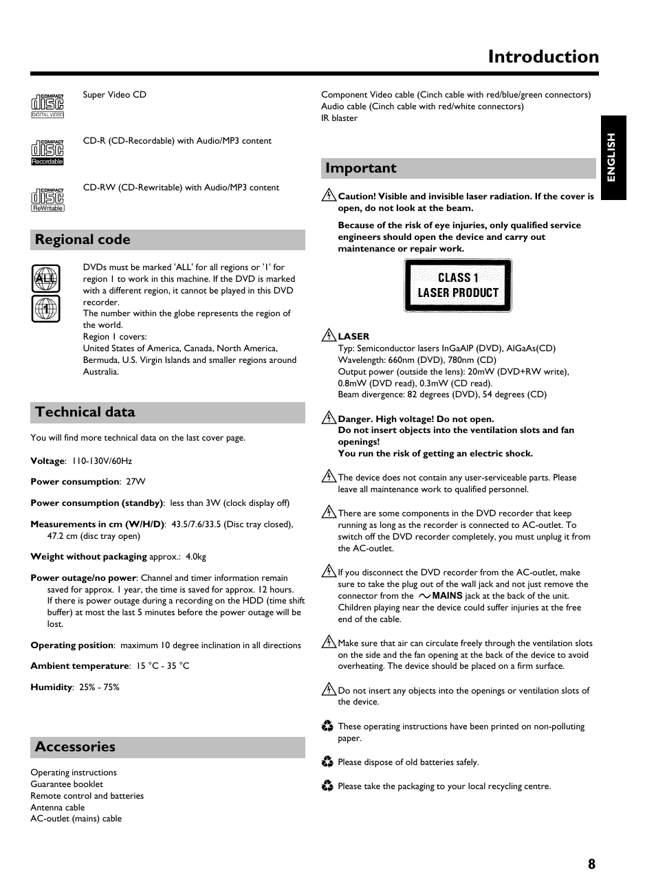 Regional code, Technical data, Accessories | Important, Introduction | Philips HDRW 720/17 User Manual | Page 15 / 90