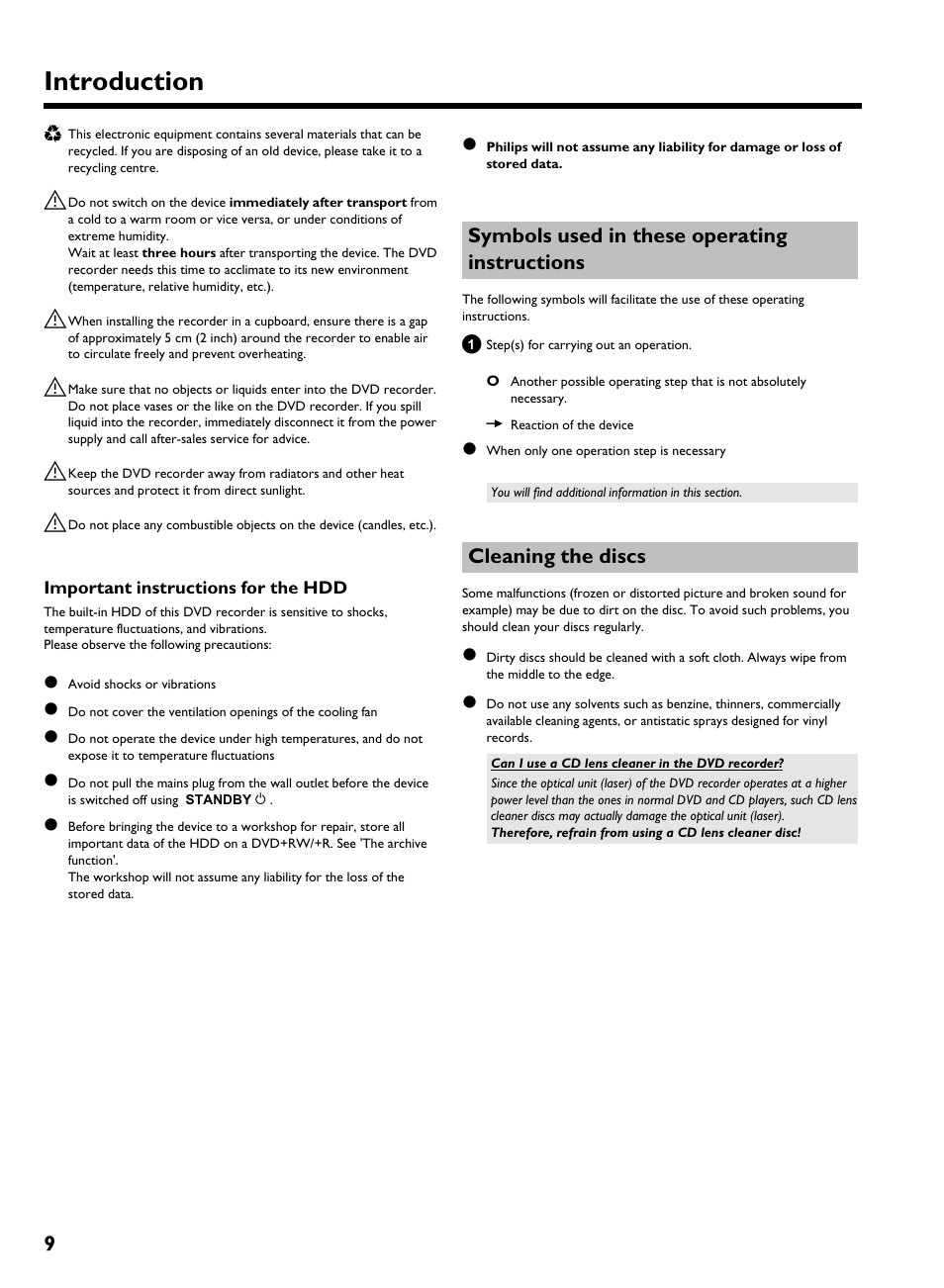 Important instructions for the hdd, Symbols used in these operating instructions, Cleaning the discs | Introduction | Philips HDRW 720/17 User Manual | Page 16 / 90