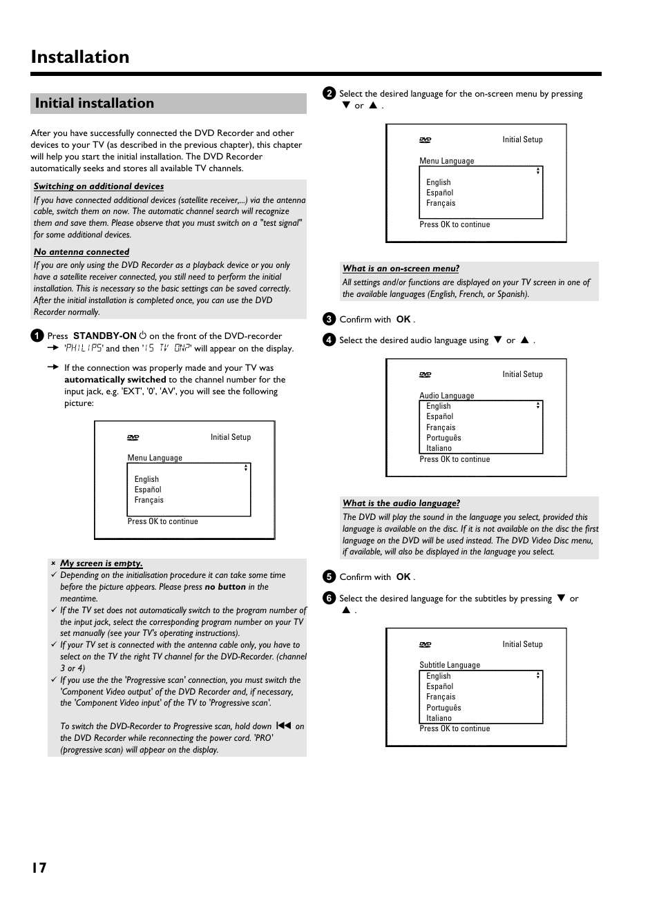 Initial installation, Installation, 17 initial installation | Philips HDRW 720/17 User Manual | Page 24 / 90