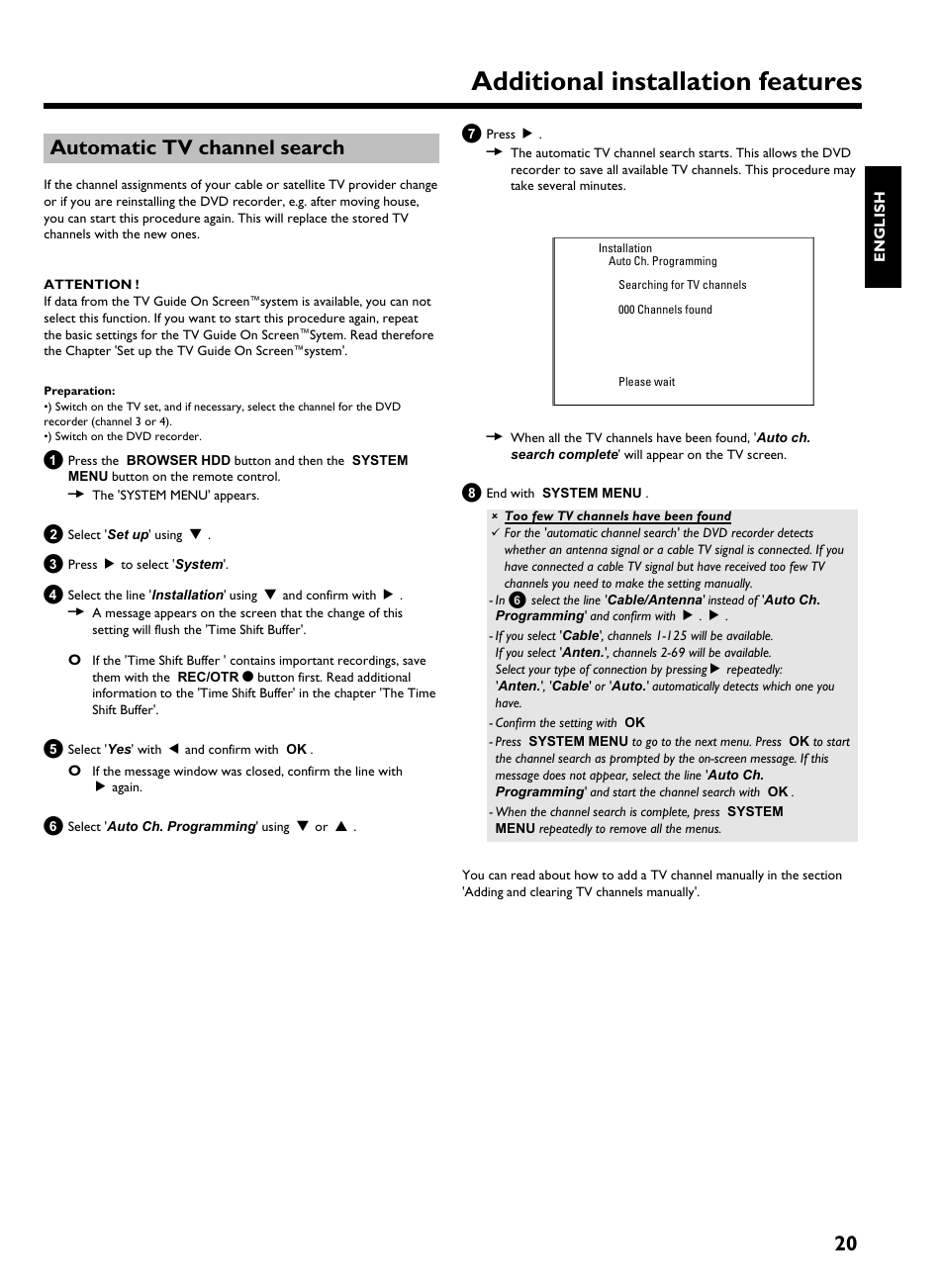 Automatic tv channel search, Additional installation features, 20 automatic tv channel search | Philips HDRW 720/17 User Manual | Page 27 / 90
