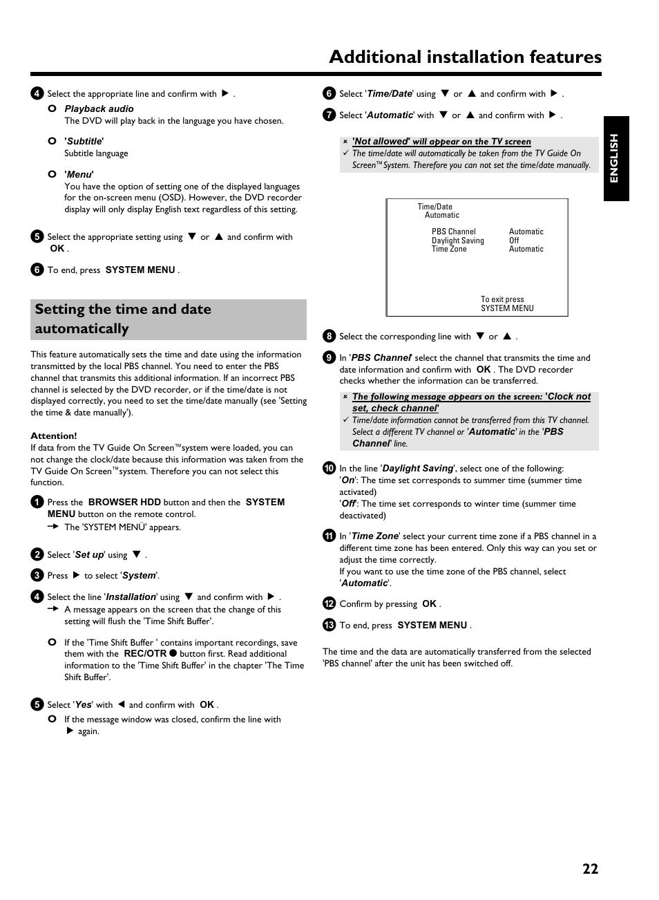 Setting the time and date automatically, Additional installation features | Philips HDRW 720/17 User Manual | Page 29 / 90