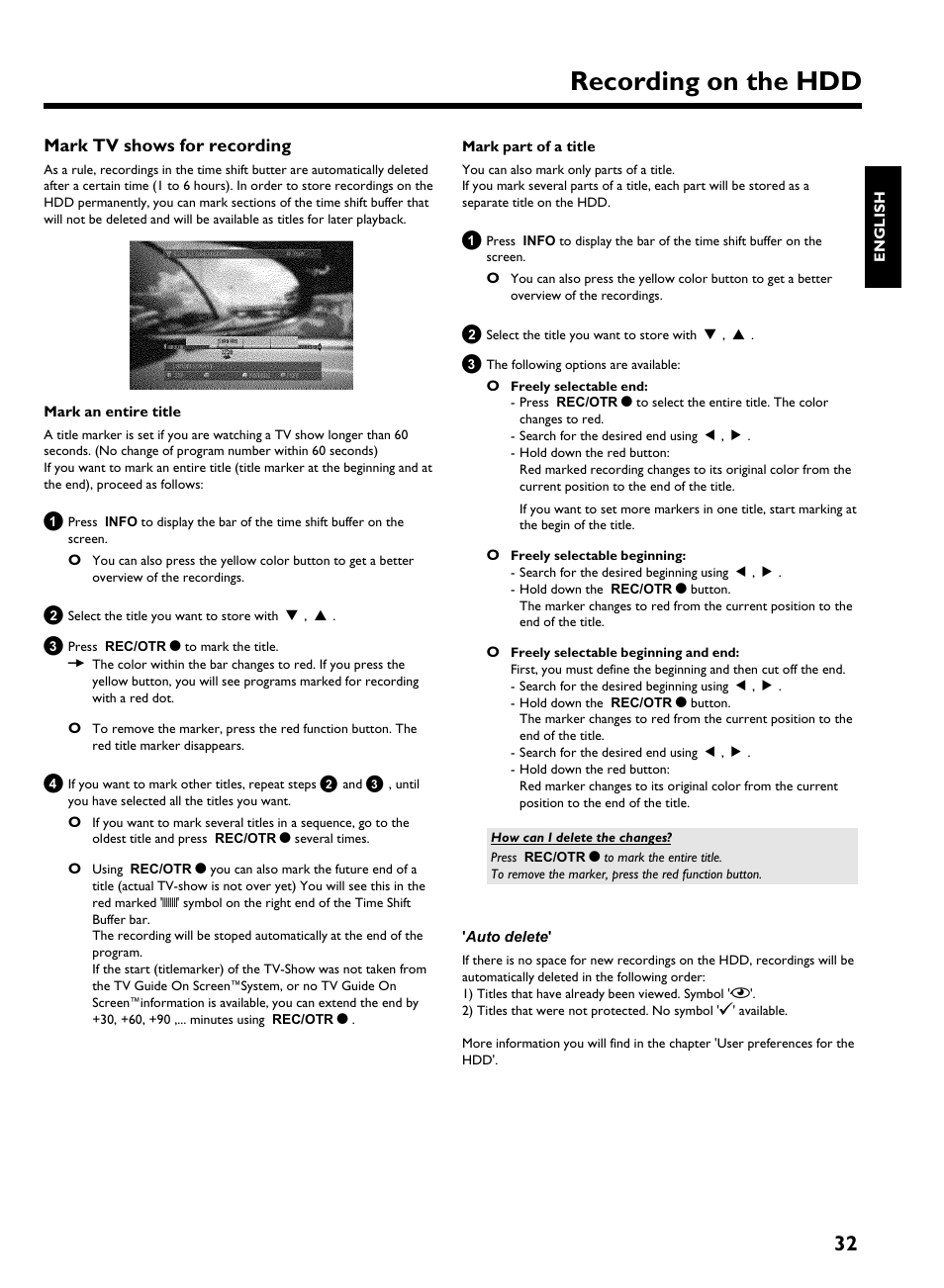 Mark tv shows for recording, Manual recordings, Recording on the hdd | Philips HDRW 720/17 User Manual | Page 39 / 90