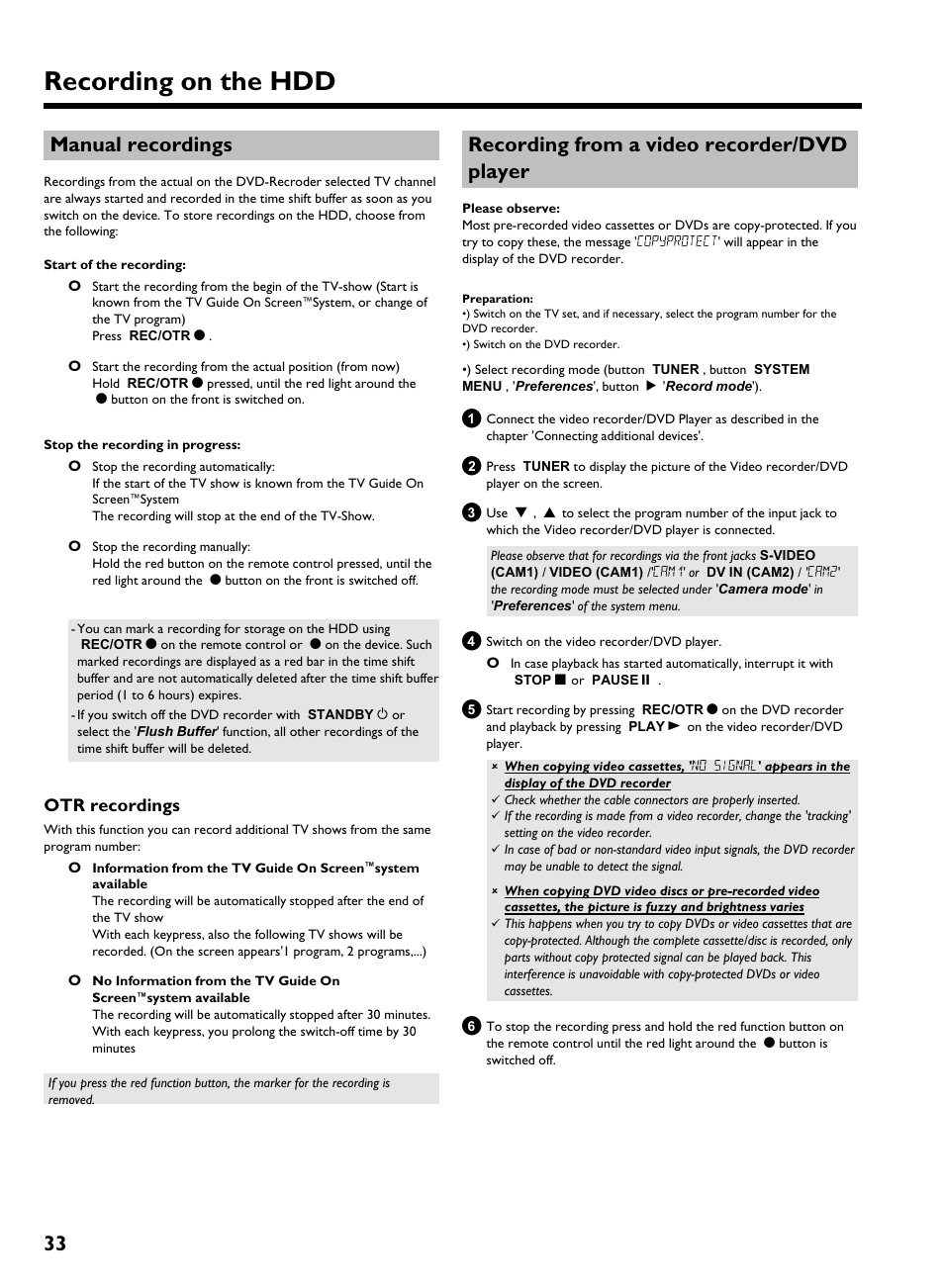 Manual recordings, Otr recordings, Recording from a video recorder/dvd player | Recording on the hdd, 33 manual recordings | Philips HDRW 720/17 User Manual | Page 40 / 90
