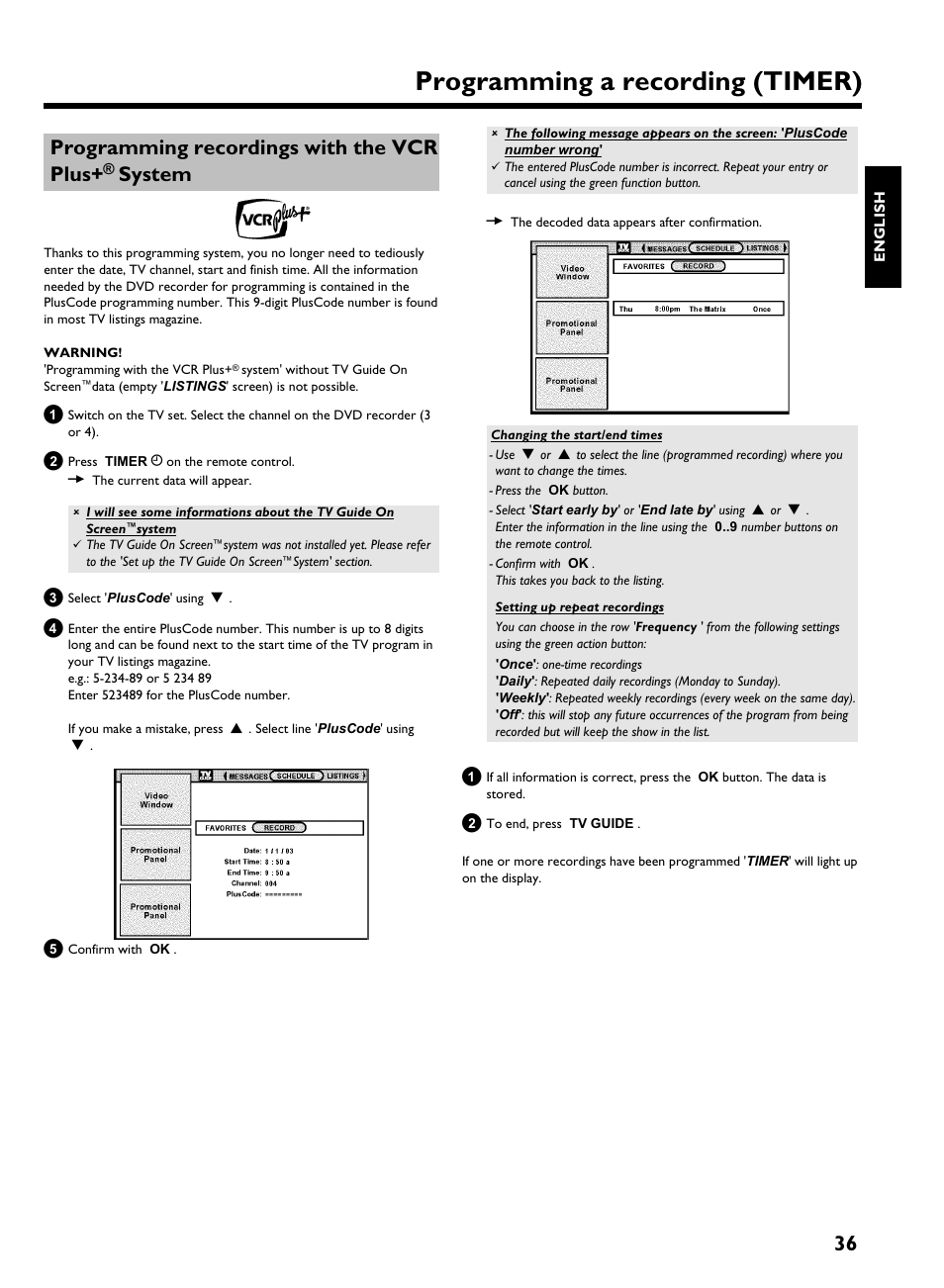 Programming recordings with the vcr plus+ ® system, Programming a recording (timer), 36 programming recordings with the vcr plus | System | Philips HDRW 720/17 User Manual | Page 43 / 90