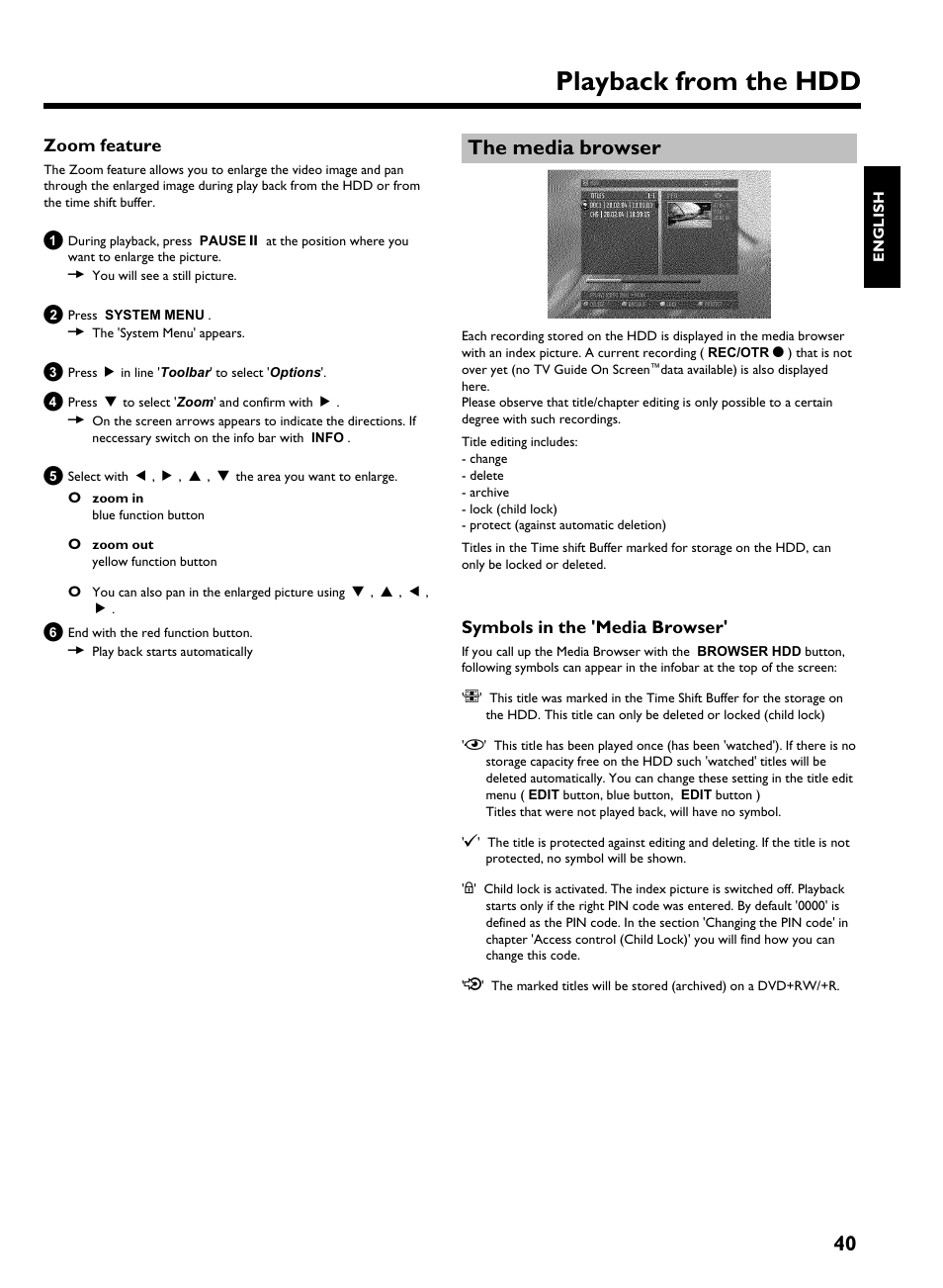 Zoom feature, The media browser, Symbols in the 'media browser | Playback from the hdd | Philips HDRW 720/17 User Manual | Page 47 / 90