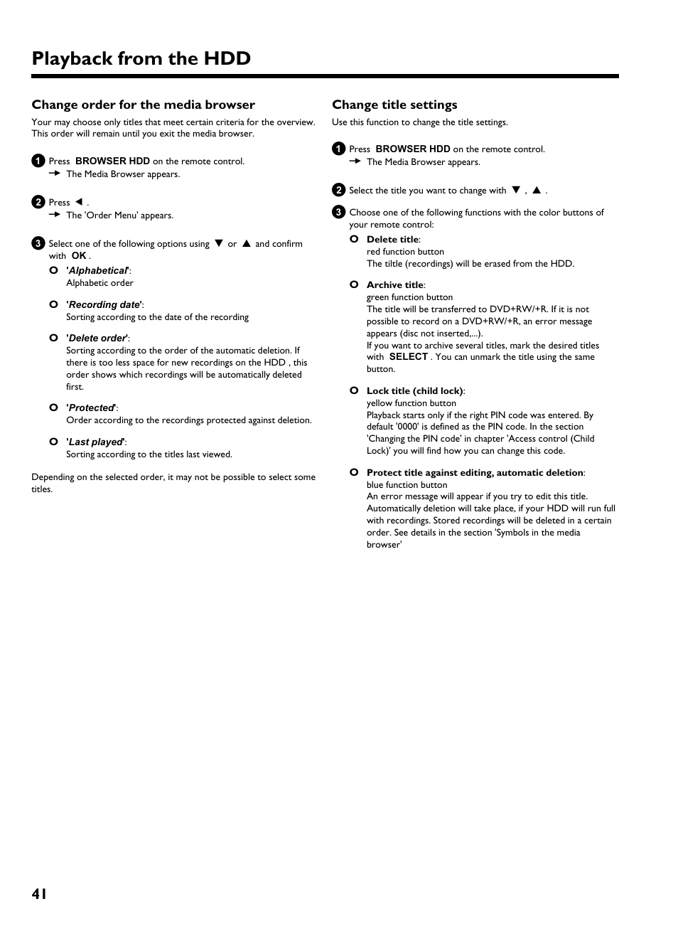 Change title settings, Playback from the hdd, Change order for the media browser | Philips HDRW 720/17 User Manual | Page 48 / 90