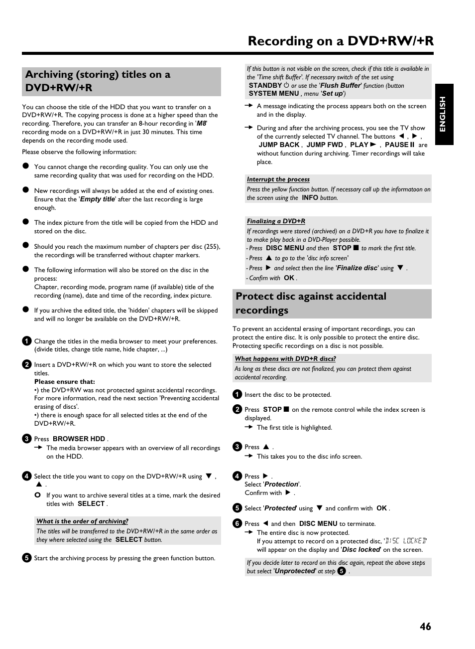 Archiving (storing) titles on a dvd+rw/+r, Protect disc against accidental recordings, Recording on a dvd+rw/+r | 46 archiving (storing) titles on a dvd+rw/+r | Philips HDRW 720/17 User Manual | Page 53 / 90