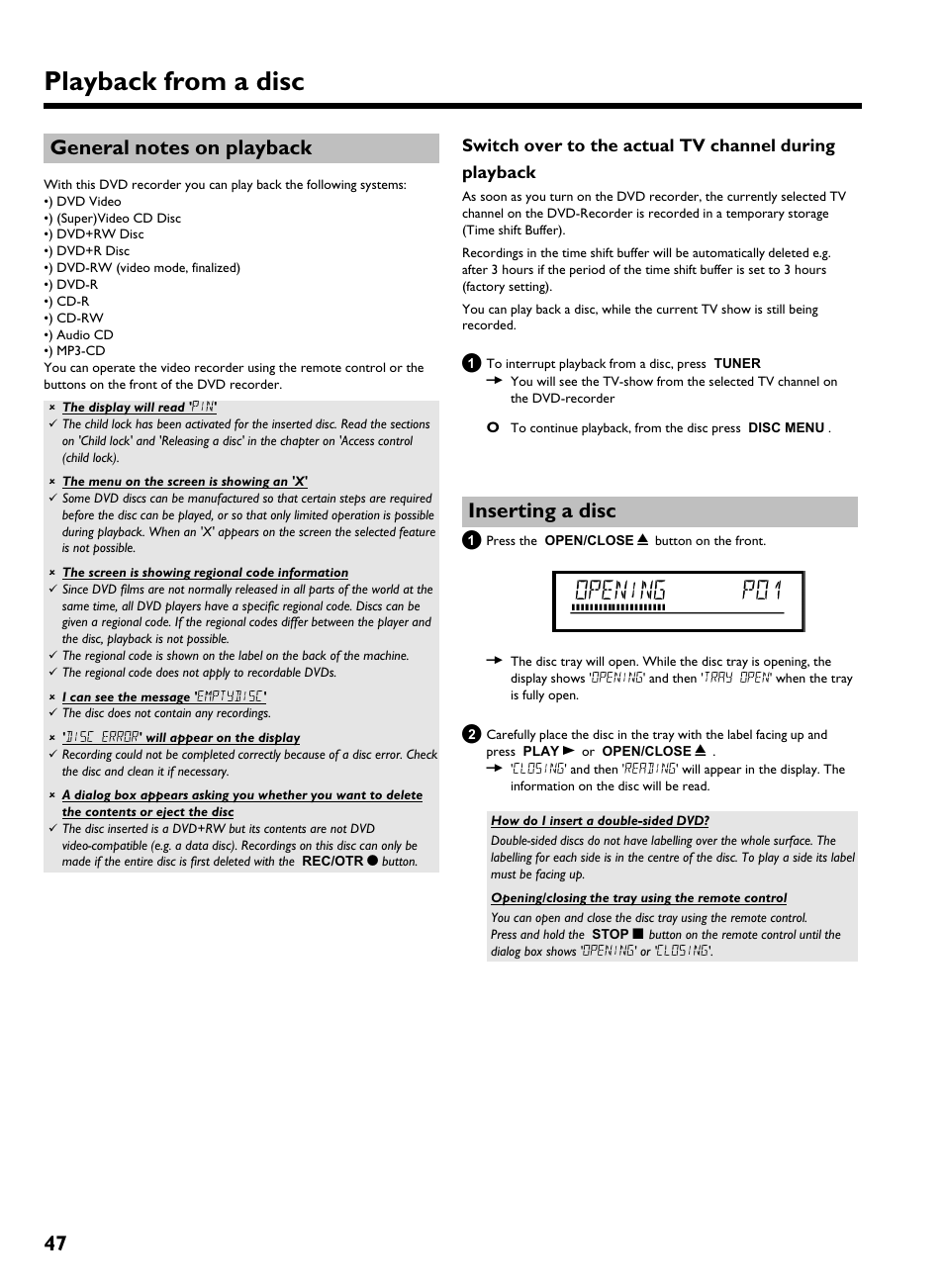 General notes on playback, Inserting a disc, Playback from a disc | Opening p01 | Philips HDRW 720/17 User Manual | Page 54 / 90