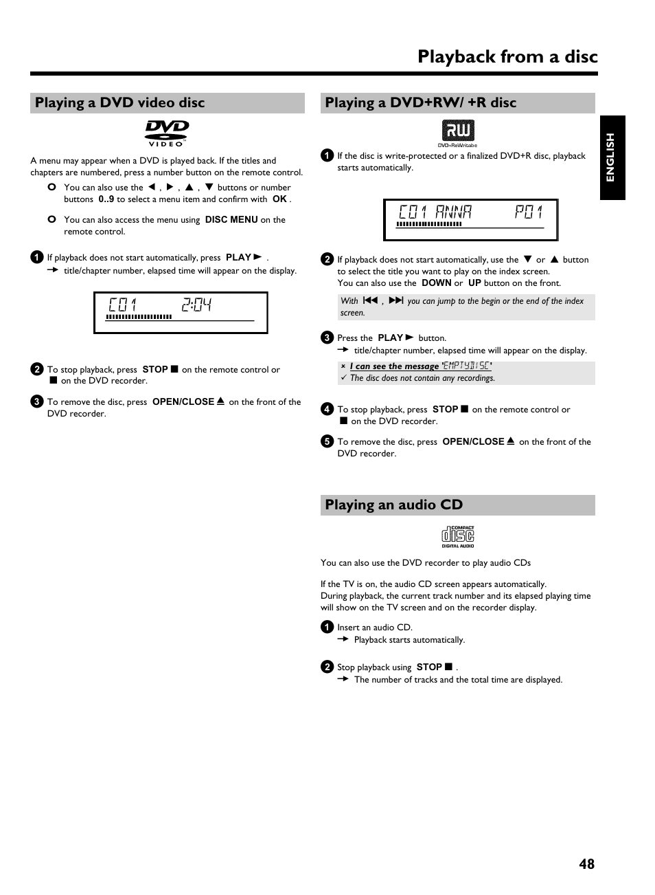 Playing a dvd video disc, Playing a dvd+rw/ +r disc, Playing an audio cd | Playback from a disc, C01 anna p01, 48 playing a dvd video disc | Philips HDRW 720/17 User Manual | Page 55 / 90