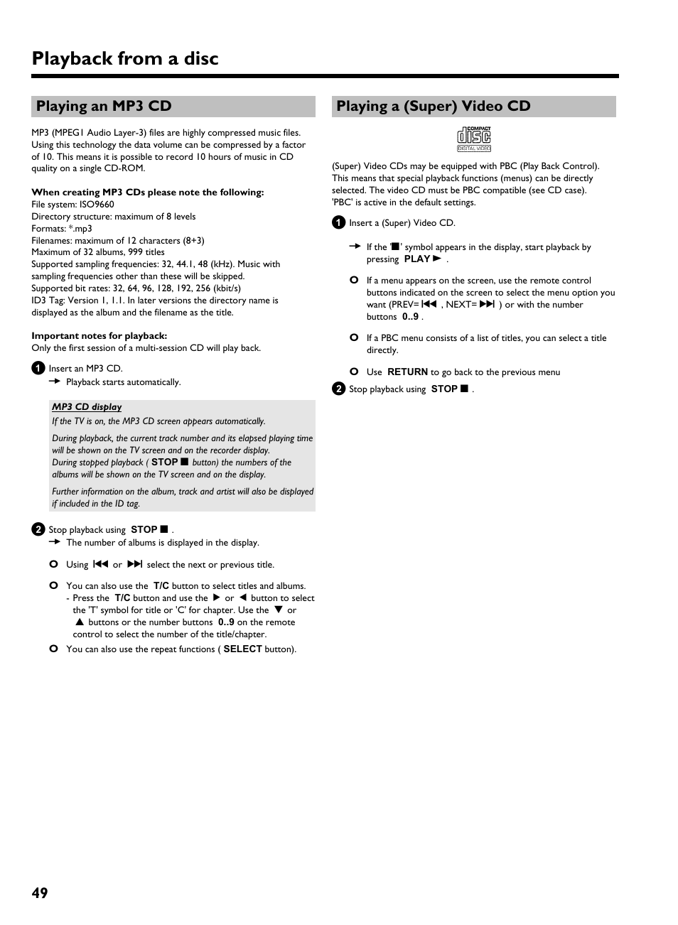 Playing an mp3 cd, Playing a (super) video cd, Playback from a disc | 49 playing an mp3 cd | Philips HDRW 720/17 User Manual | Page 56 / 90