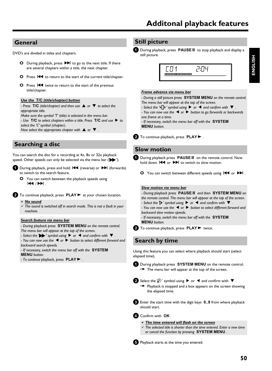 General, Searching a disc, Still picture | Slow motion, Search by time, Additonal playback features, 50 general | Philips HDRW 720/17 User Manual | Page 57 / 90