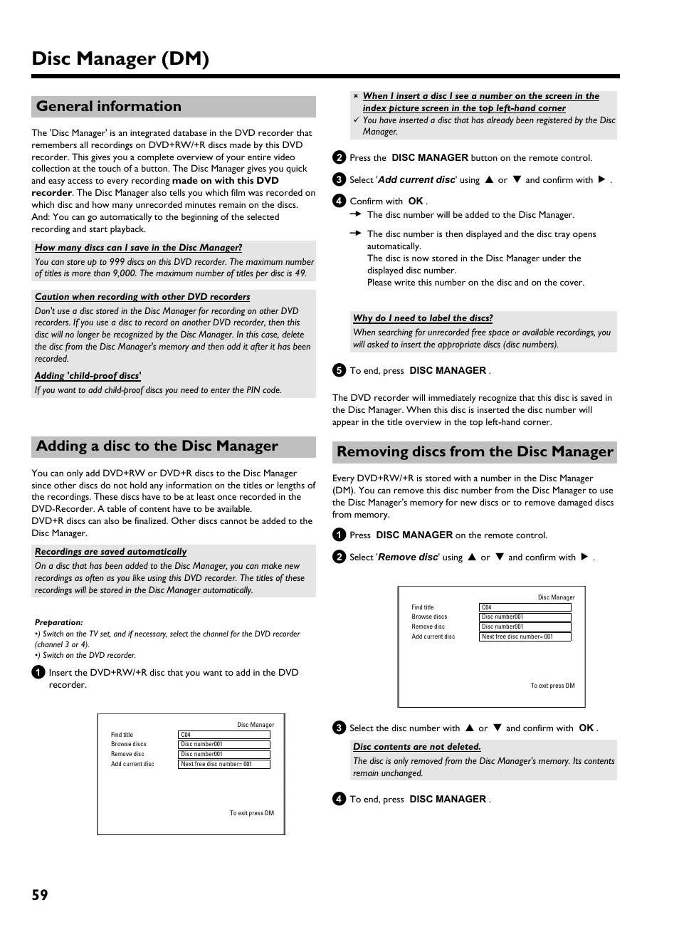 General information, Adding a disc to the disc manager, Removing discs from the disc manager | Disc manager (dm), 59 general information | Philips HDRW 720/17 User Manual | Page 66 / 90