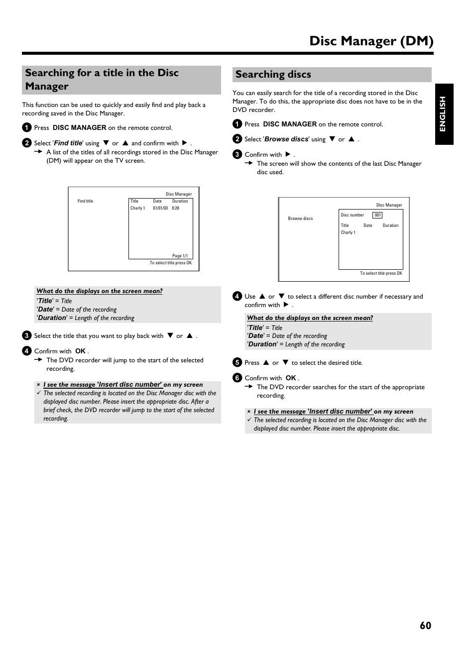 Searching discs, Disc manager (dm), 60 searching for a title in the disc manager | Philips HDRW 720/17 User Manual | Page 67 / 90