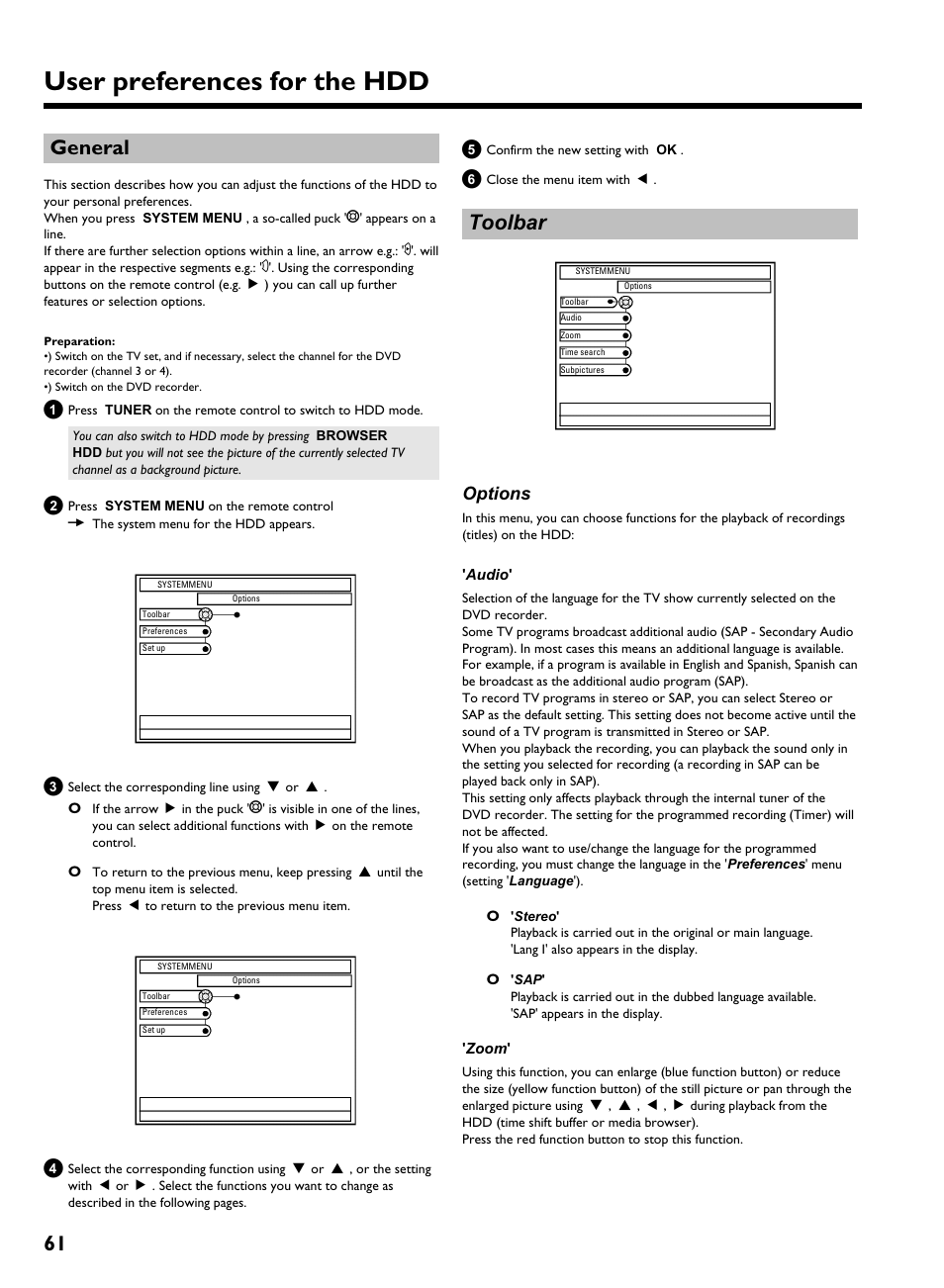 General, Toolbar, Options | Audio, Zoom, User preferences for the hdd, 61 general | Philips HDRW 720/17 User Manual | Page 68 / 90