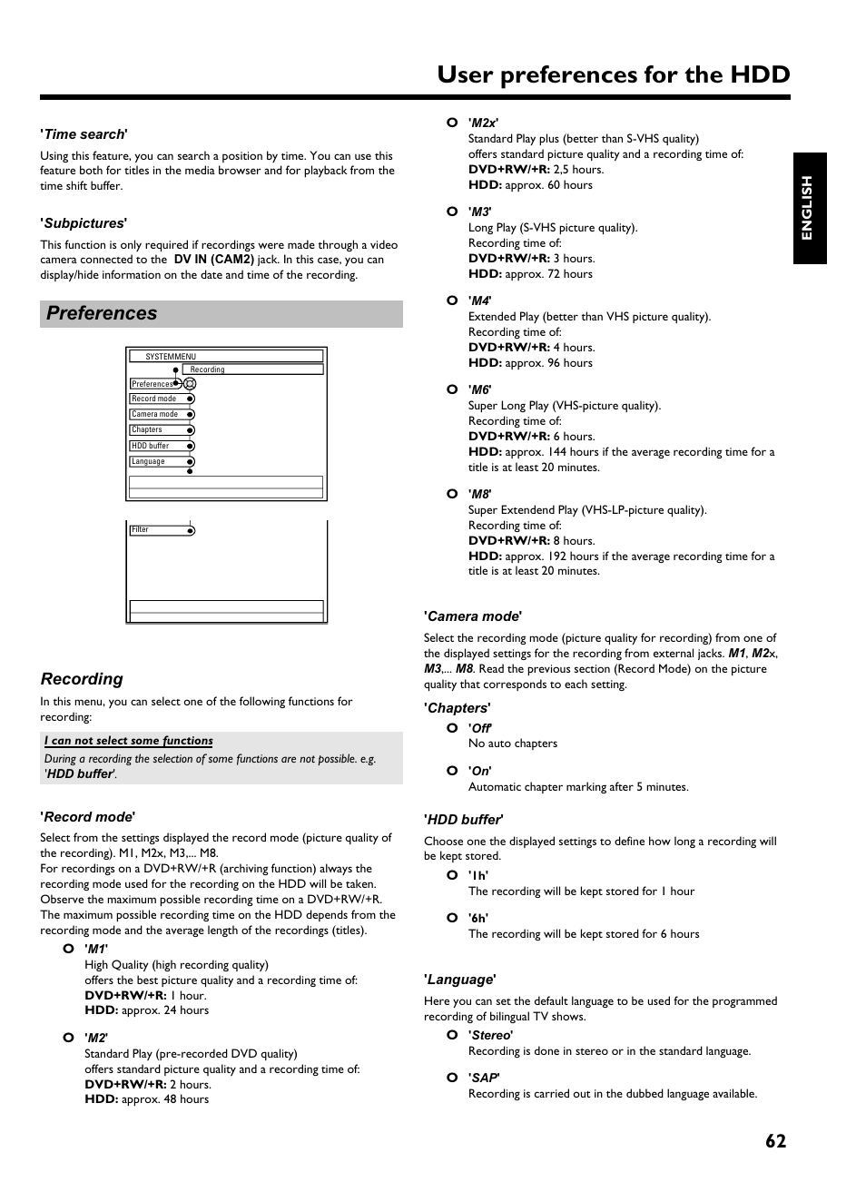 Time search, Subpictures, Preferences | Recording, Record mode, Camera mode, Chapters, Hdd buffer, Language, User preferences for the hdd | Philips HDRW 720/17 User Manual | Page 69 / 90
