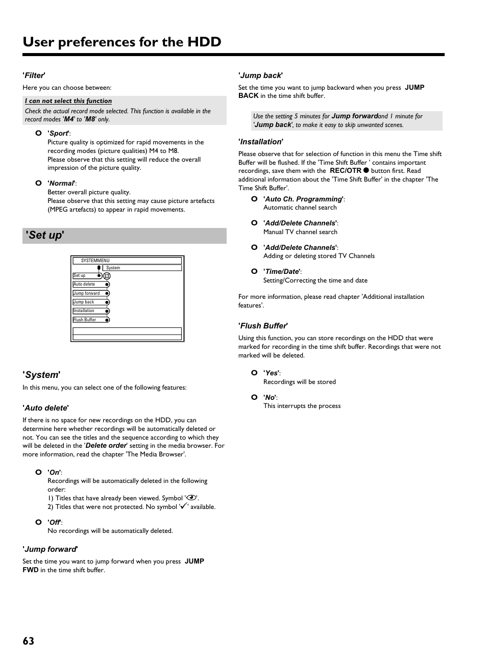 Filter, Set up, System | Auto delete, Jump forward, Jump back, Installation, Flush buffer, User preferences for the hdd | Philips HDRW 720/17 User Manual | Page 70 / 90