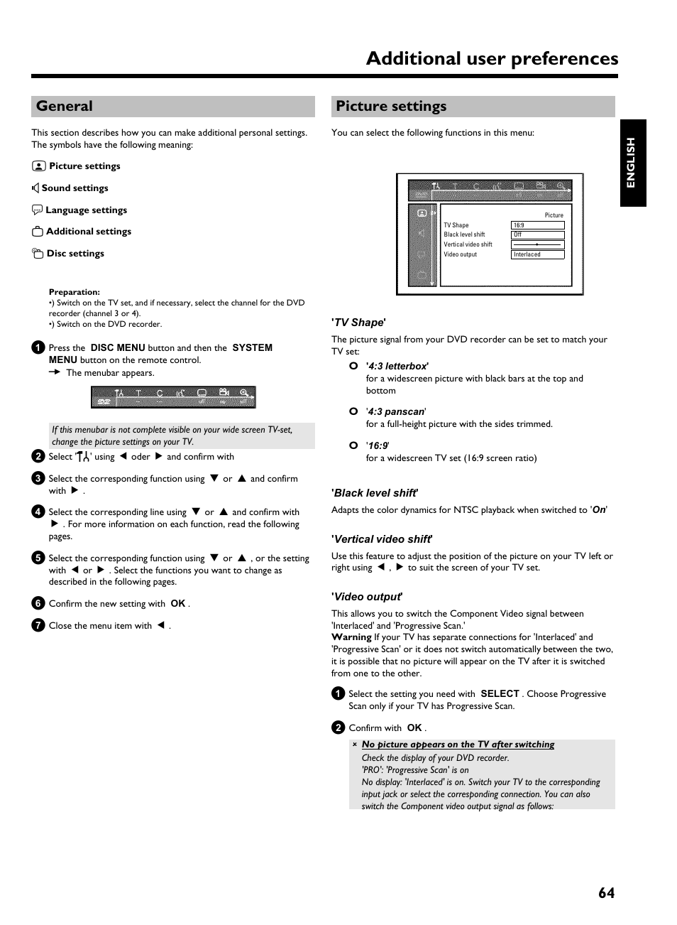 General, Picture settings, Additional user preferences | 64 general | Philips HDRW 720/17 User Manual | Page 71 / 90