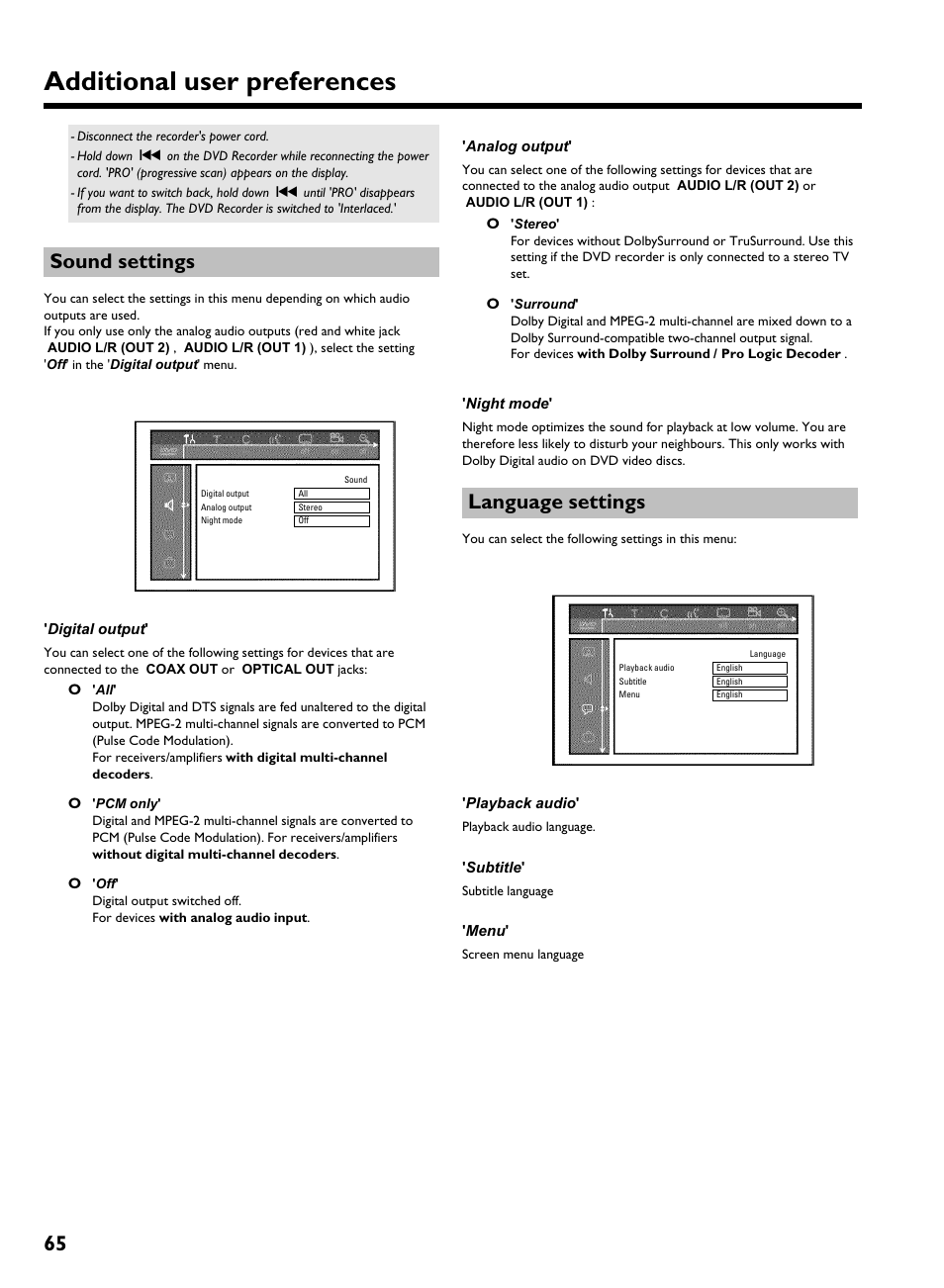 Sound settings, Language settings, Additional user preferences | Philips HDRW 720/17 User Manual | Page 72 / 90