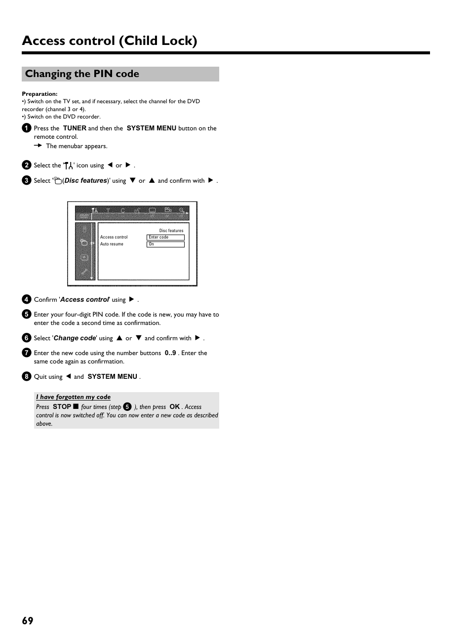 Changing the pin code, Access control (child lock), 69 changing the pin code | Philips HDRW 720/17 User Manual | Page 76 / 90