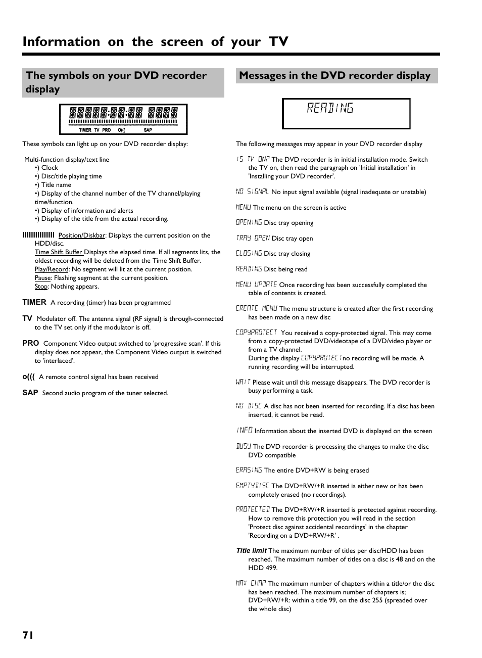 The symbols on your dvd recorder display, Messages in the dvd recorder display, Information on the screen of your tv | Reading, 71 the symbols on your dvd recorder display | Philips HDRW 720/17 User Manual | Page 78 / 90