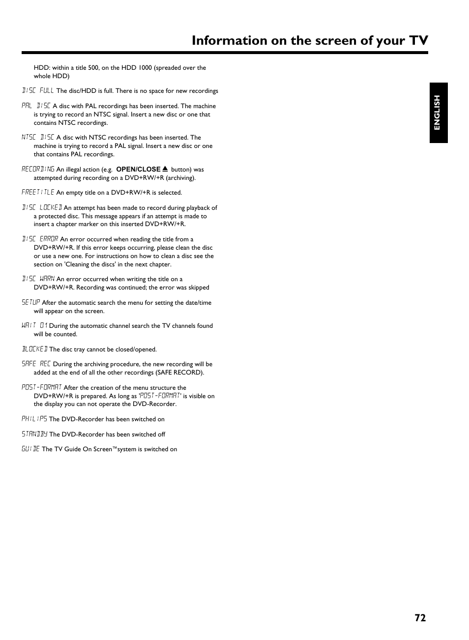 Information on the screen of your tv | Philips HDRW 720/17 User Manual | Page 79 / 90